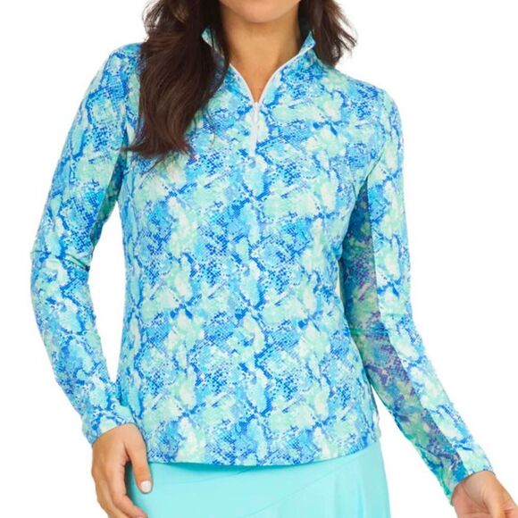 IBKUL Cora Print Long Sleeve Mock Neck Top - Jade/Blue - Picture 1 of 7